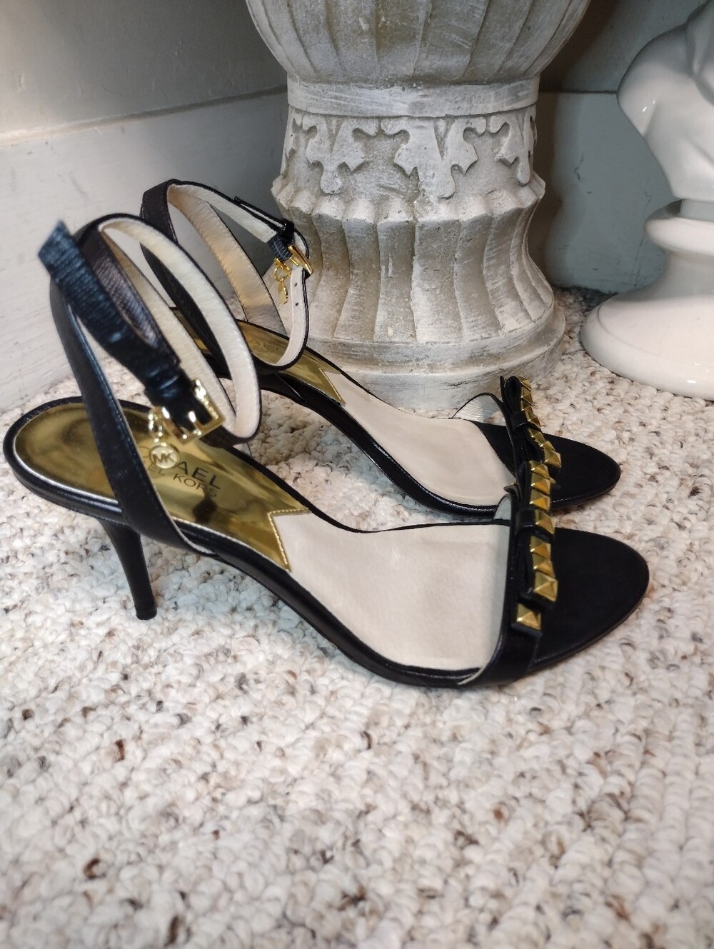 Michael Kors Livvy Rocker Chic Black Leather Gold Studded Bow High Heeled Sandal
